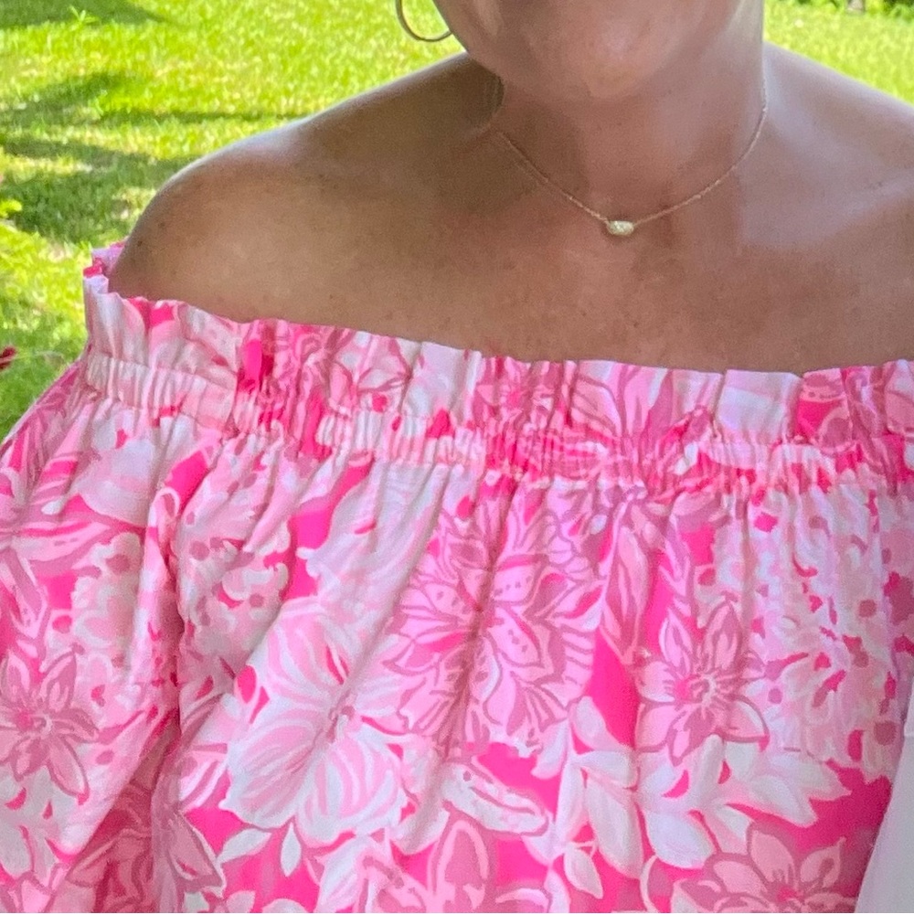 Lilly Pulitzer Jamielynn Roxie Pink Floral Off-Shoulder Blouse with tie sleeves - Picture 3 of 4